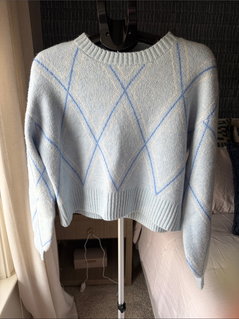 Francesca's Collections Pale Blue Argyle Crewneck Sweater